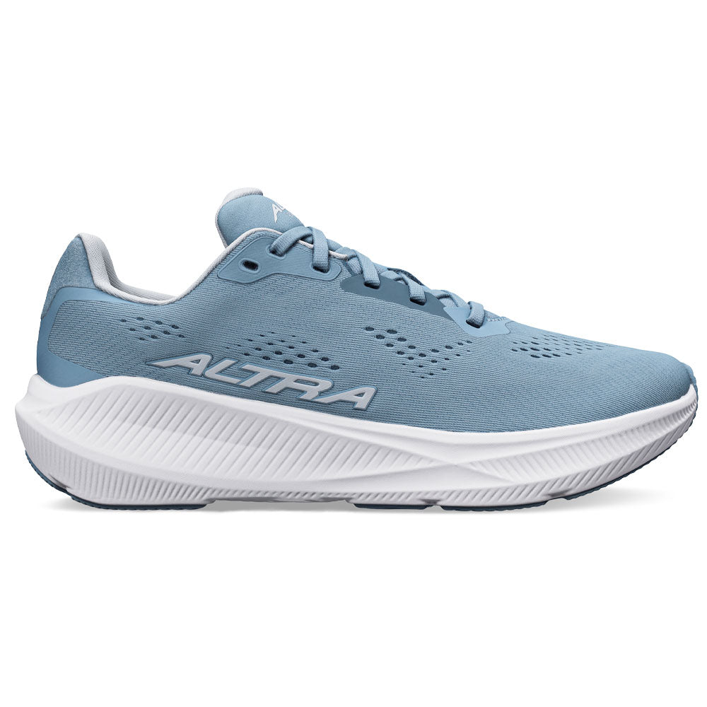 Side view on white background of Womens Altra Experience running shoe in Light Blue, Medium (Regular) width