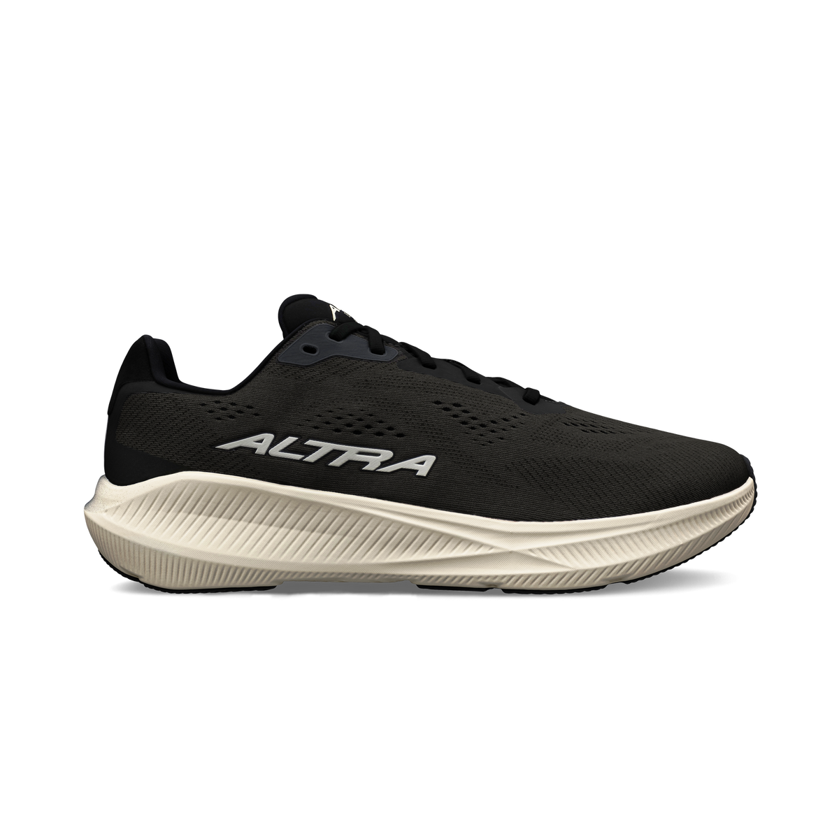 Side view on white background of Womens Altra Experience Flow ST running shoe in Black/White, Medium (Regular) width