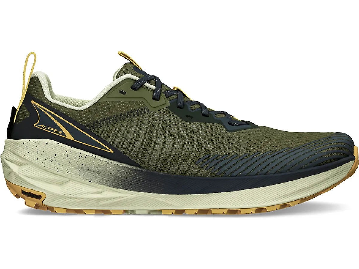 Side view on white background of Mens Altra Experience Wild 2 running shoe in Dusty Olive, Medium (Regular) width