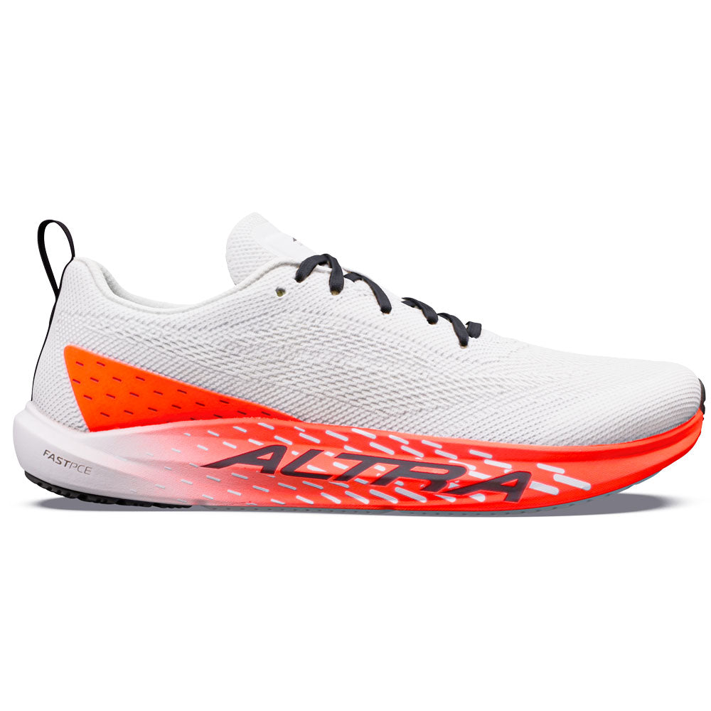 Side view on white background of Mens Altra Vanish running shoe in White/Black/Firey Coral, Medium (Regular) width