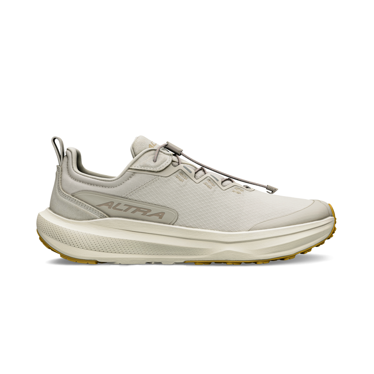 Side view on white background of Mens Altra Voyager running shoe in Tan, Medium (Regular) width