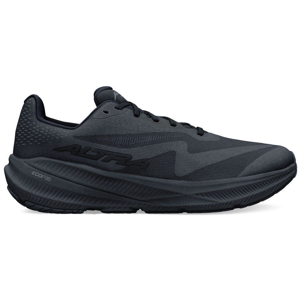 Side view on white background of Mens Altra Experience running shoe in Black/Black, Medium (Regular) width
