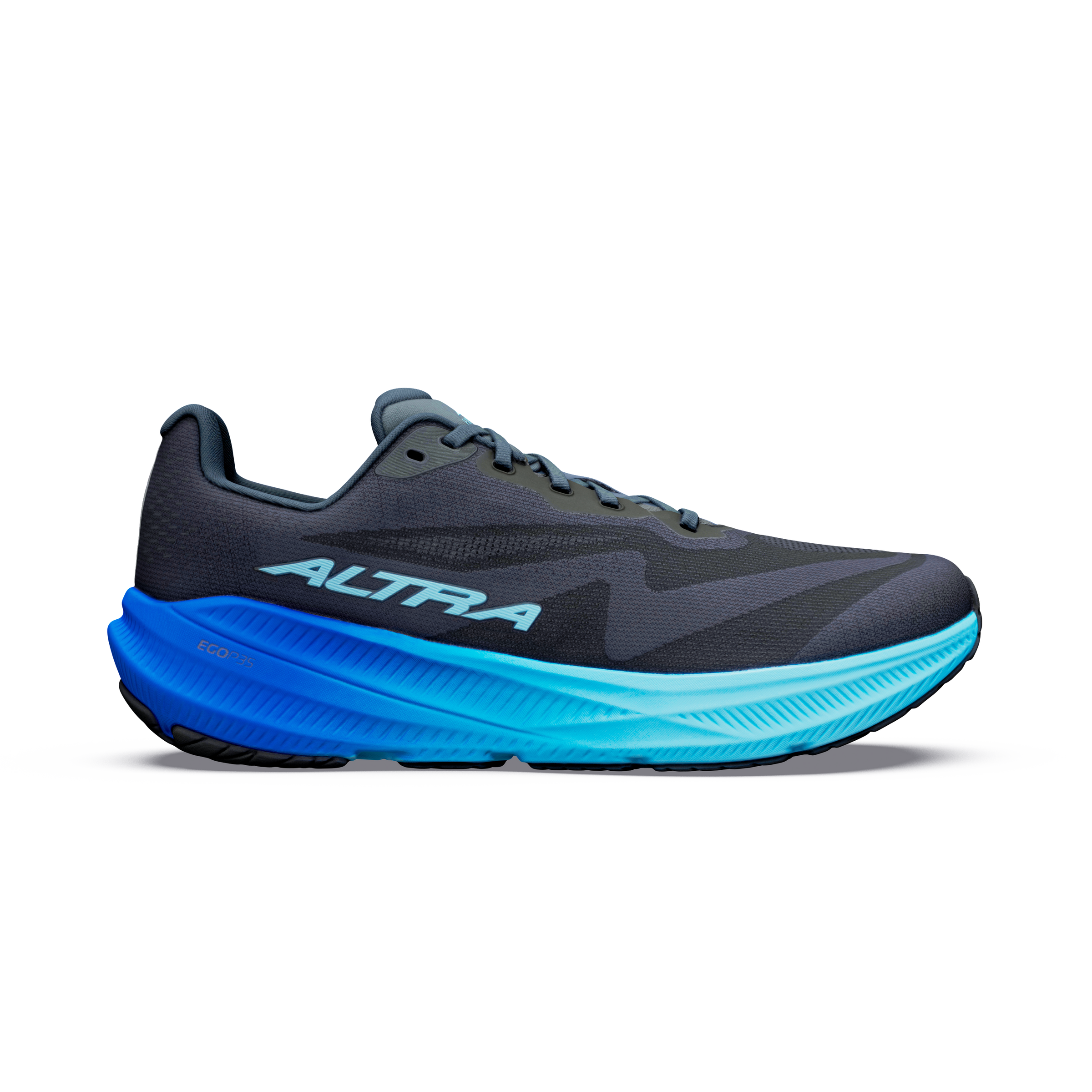 Side view on white background of Mens Altra Experience Flow 3 running shoe in Black/Black/Bluefish, Medium (Regular) width
