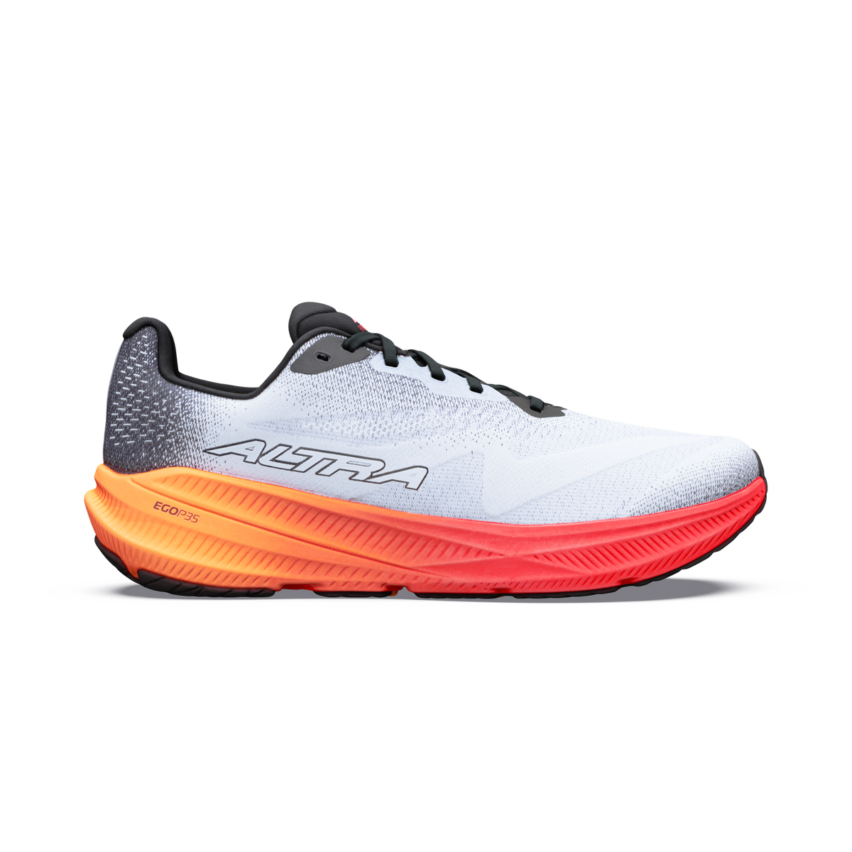Side view on white background of Mens Altra Experience Flow 3 running shoe in White/Black/Orange Pop, Medium (Regular) width