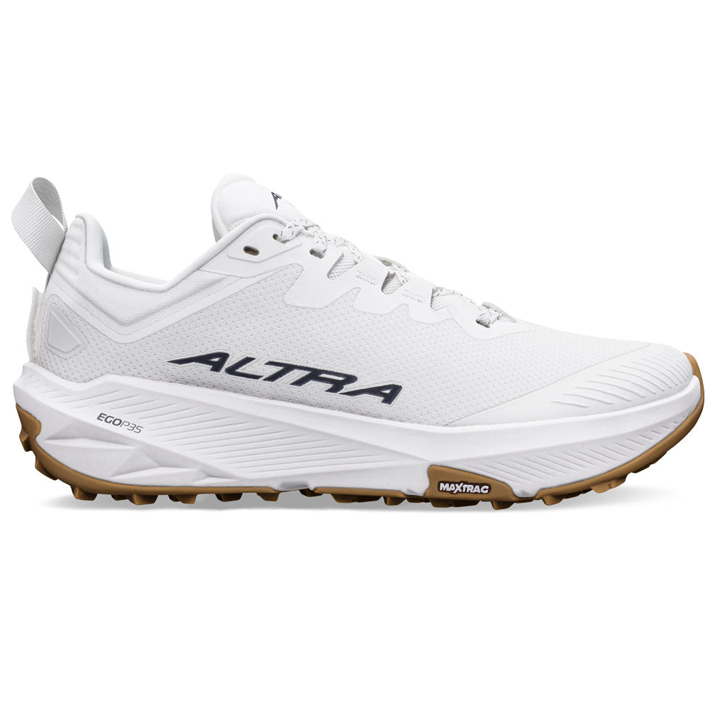 Side view on white background of Womens Altra Experience Wild running shoe in White, Medium (Regular) width