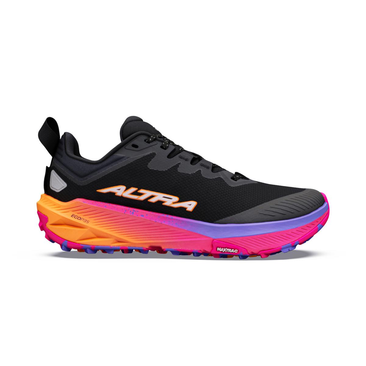 Side view on white background of Womens Altra Experience Wild 3 running shoe in Black/White/Pink Glow, Medium (Regular) width