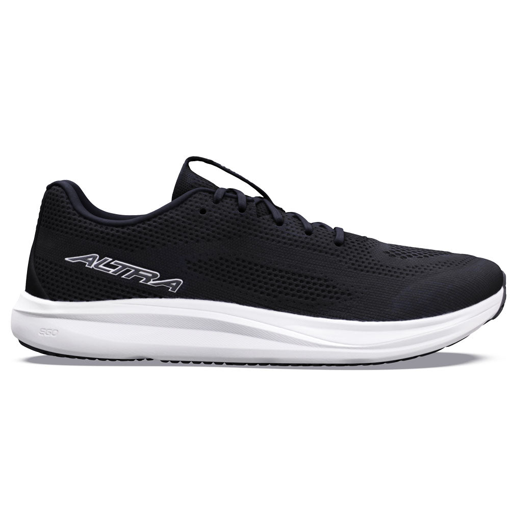 Side view on white background of Mens Altra Escalante running shoe in Black/White/Black, Medium (Regular) width