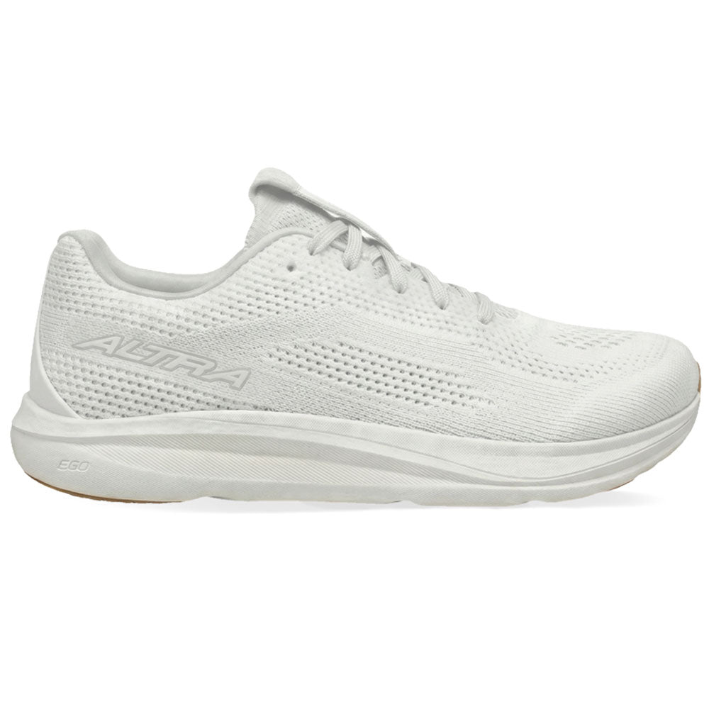 Side view on white background of Womens Altra Escalante running shoe in White/White/White, Medium (Regular) width
