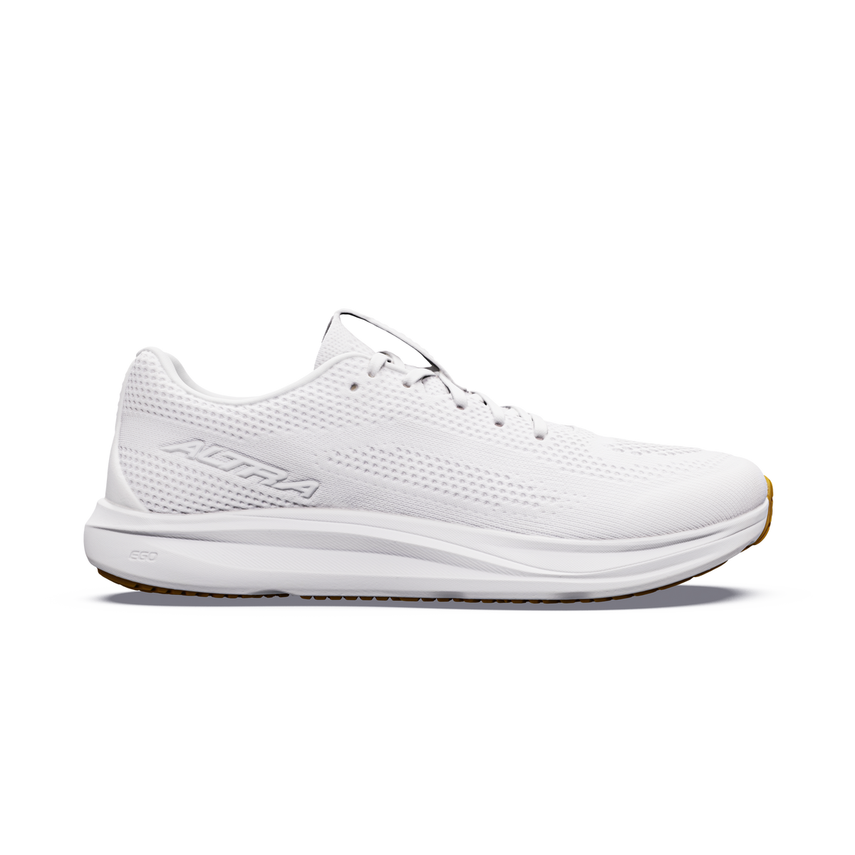 Side view on white background of Womens Altra Escalante 5 running shoe in White/White/White, Medium (Regular) width
