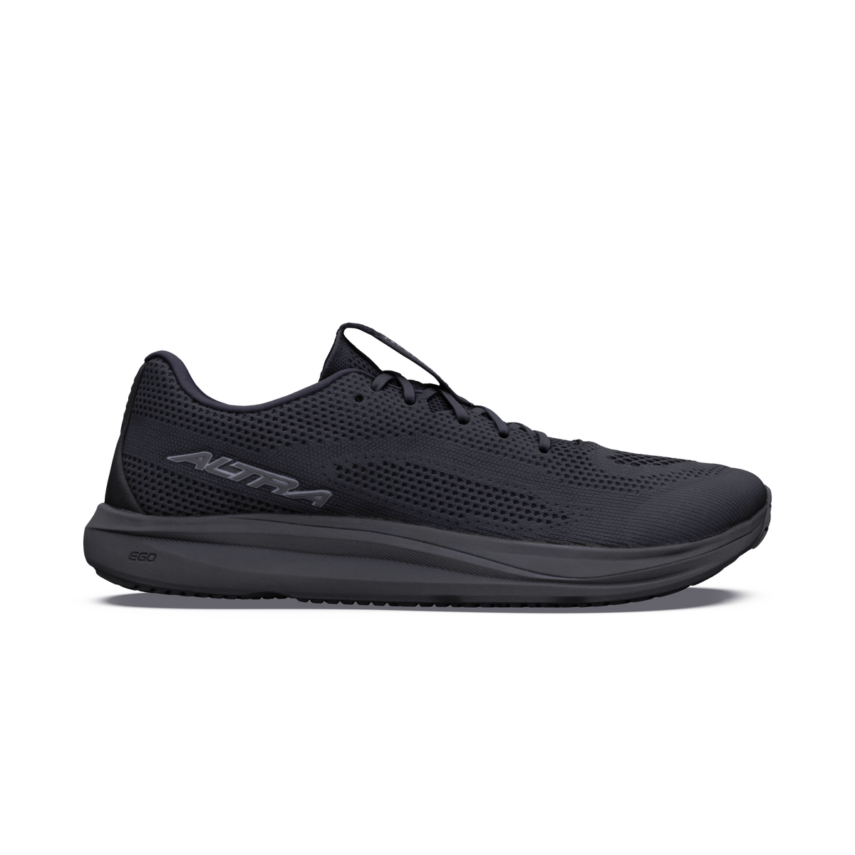 Side view on white background of Womens Altra Escalante 5 running shoe in Black/Black/Black, Medium (Regular) width
