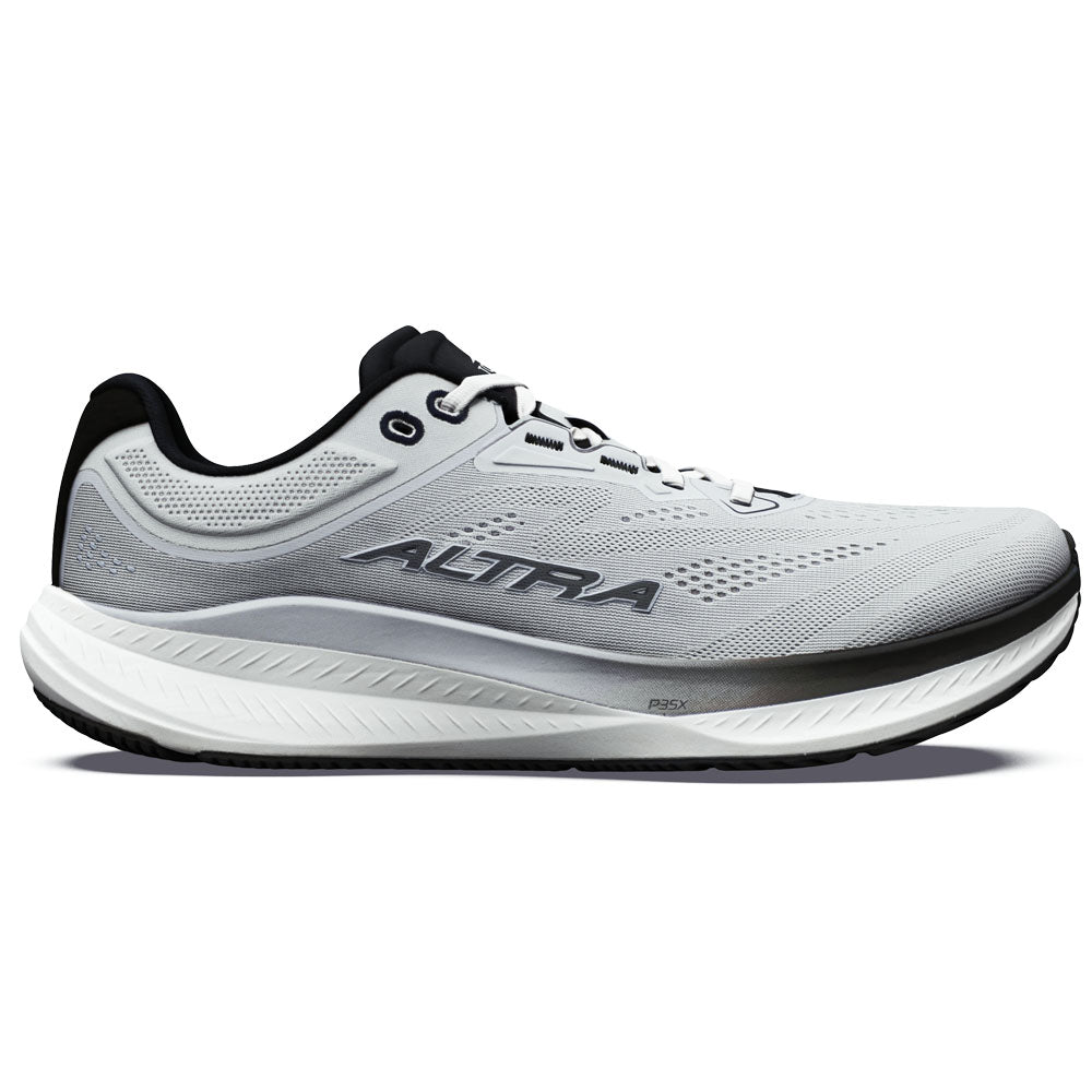 Side view on white background of Mens Altra Torin running shoe in Ultimate Grey/Blk/Vpblu, Medium (Regular) width
