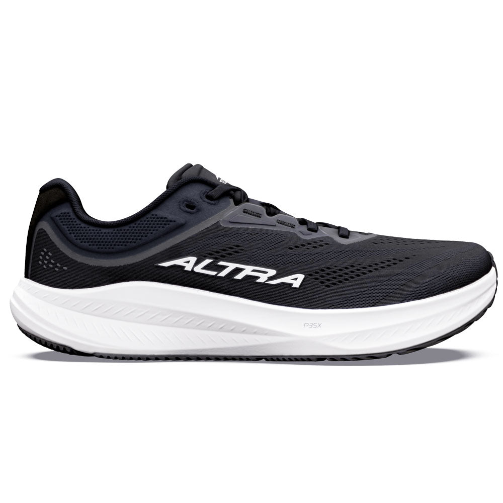 Side view on white background of Mens Altra Torin running shoe in Black/White/Black, Medium (Regular) width