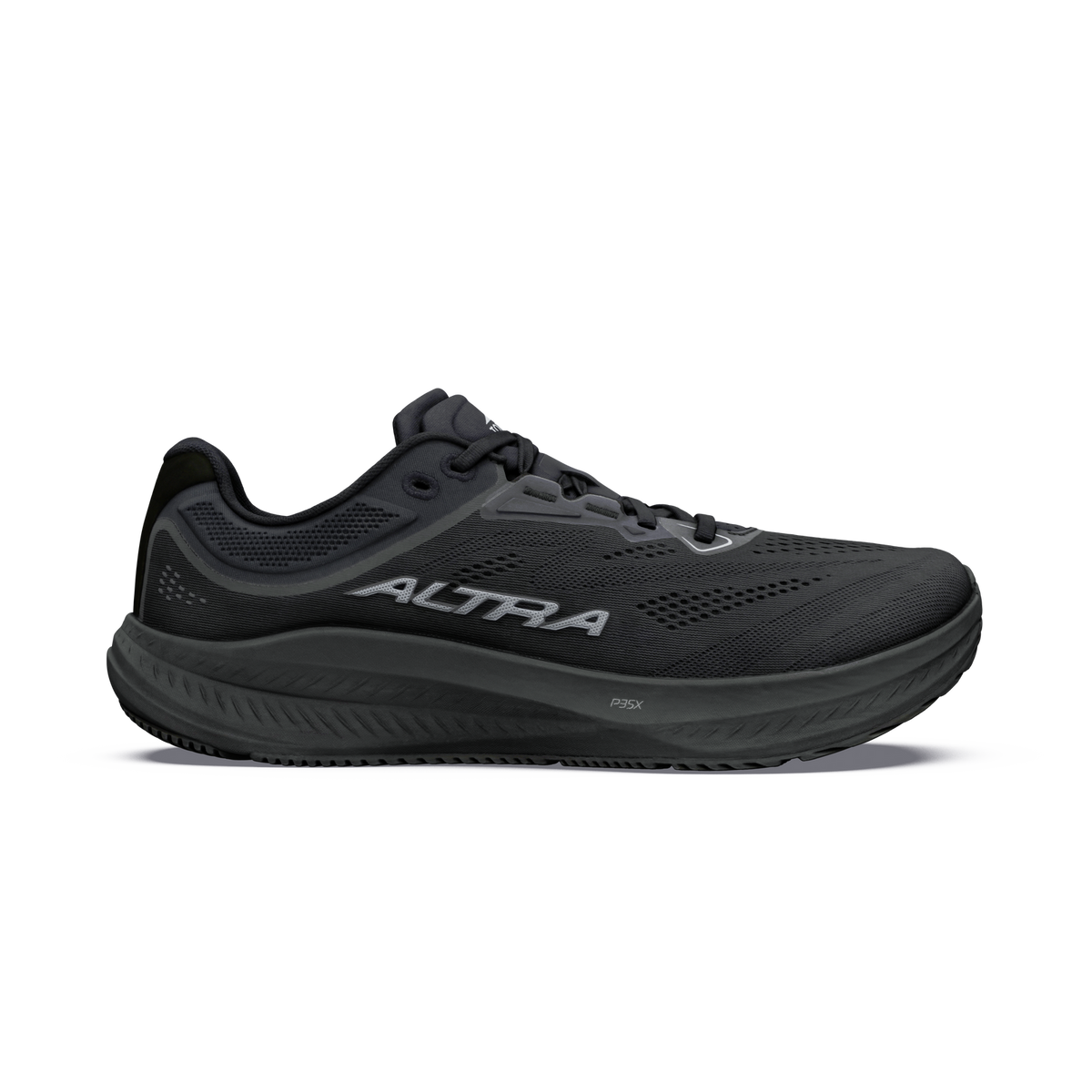 Side view on white background of Mens Altra Torin 9 running shoe in Black/Black/Castlerock, Medium (Regular) width