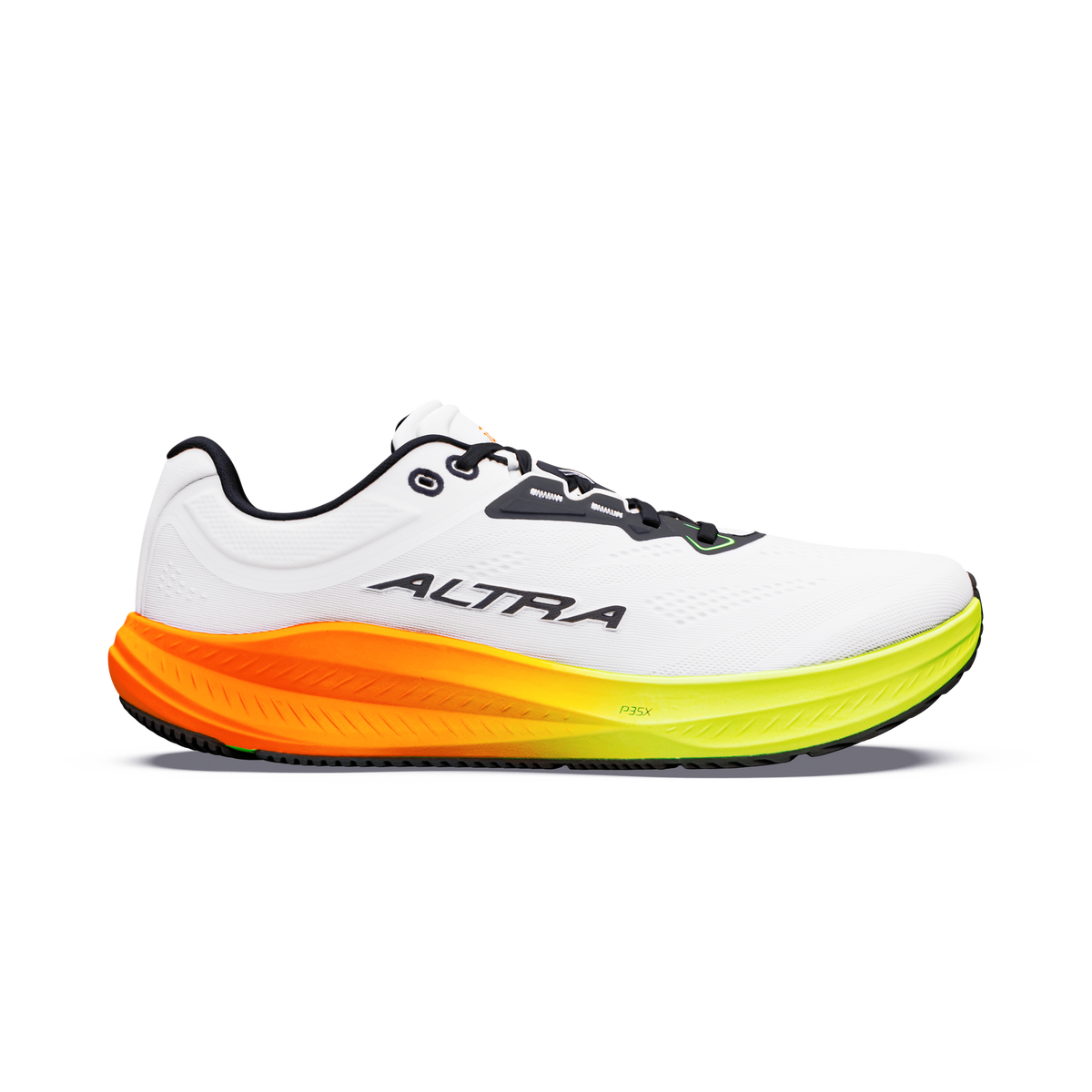 Side view on white background of Mens Altra Torin 9 running shoe in White/Black/Safety Yellow, Medium (Regular) width