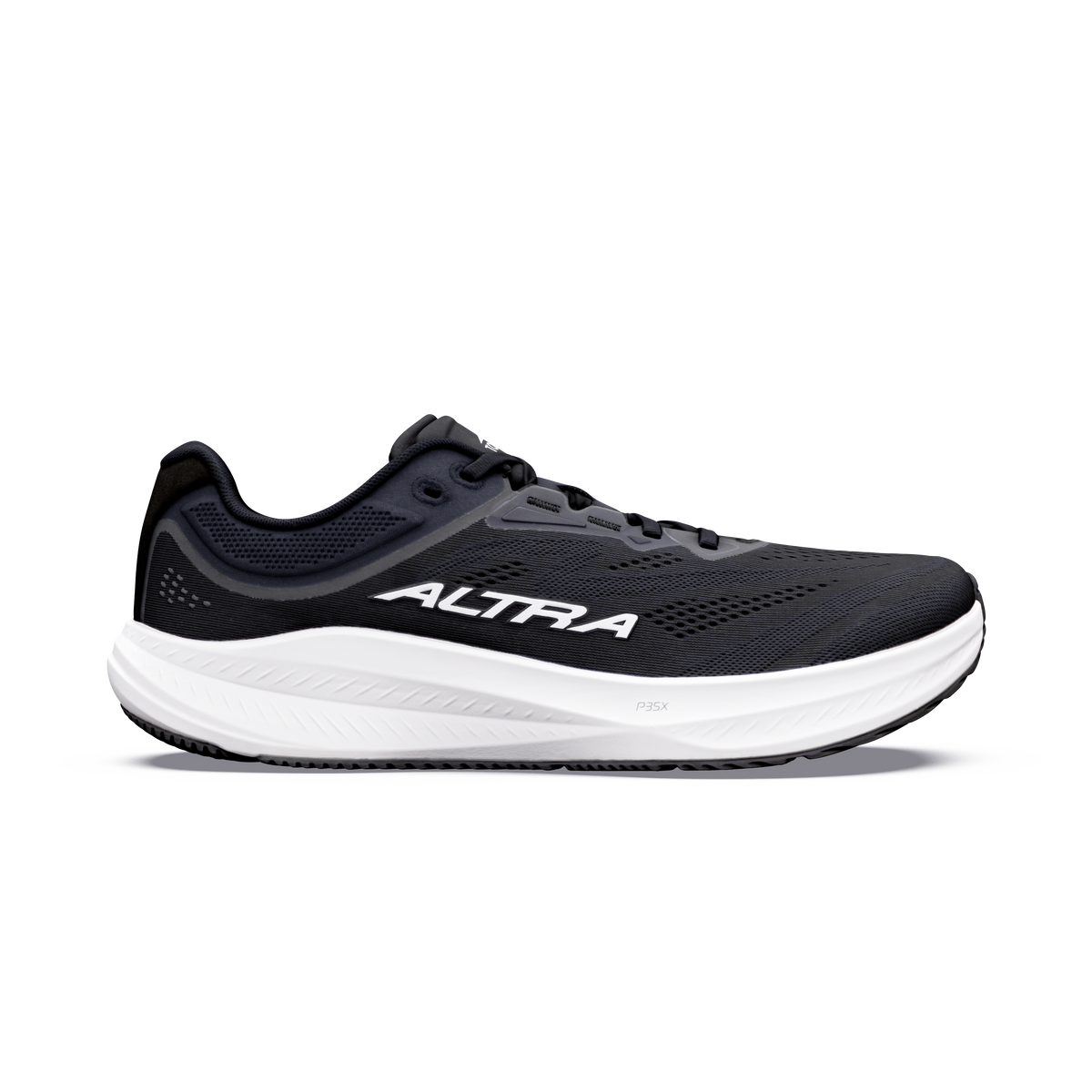 Side view on white background of Mens Altra Torin 9 running shoe in Black/White/Black, Wide width