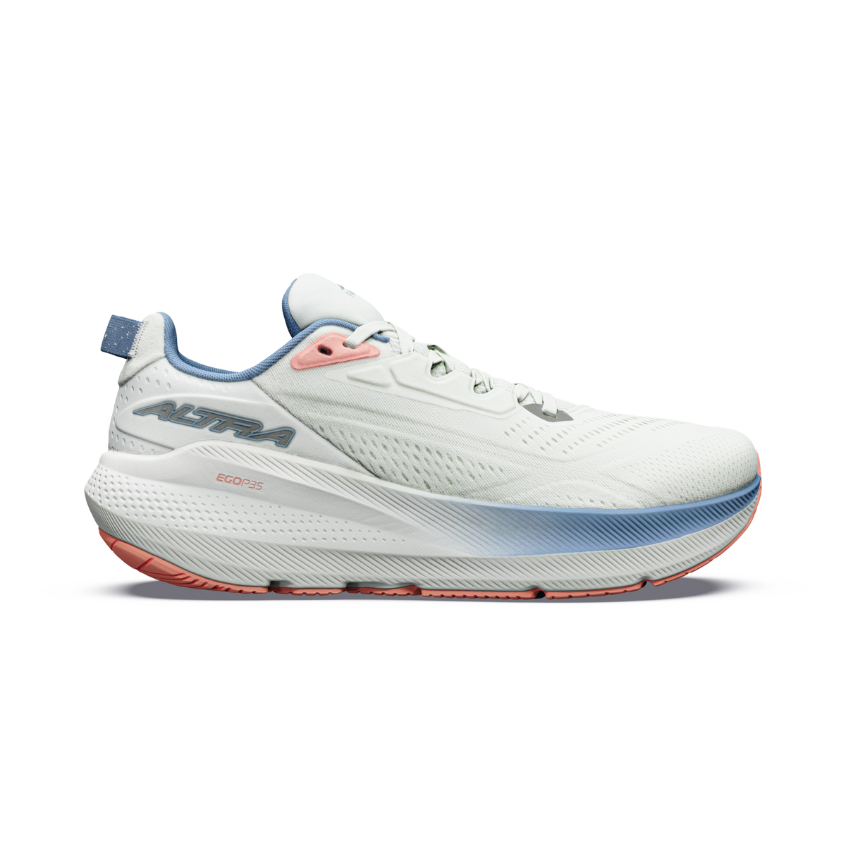 Side view on white background of Womens Altra Fwd Via 2 running shoe in Ice/Silver/Windward Blue, Medium (Regular) width