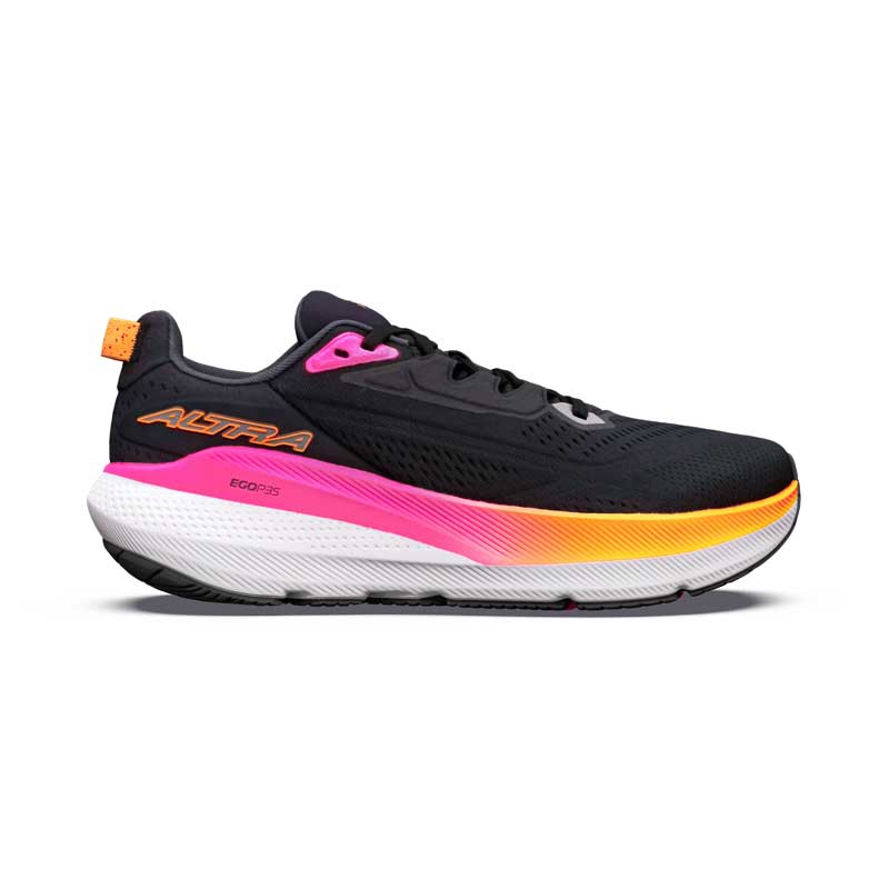 Side view on white background of Womens Altra Fwd Via 2 running shoe in Black/Silver/Knockout Pink, Medium (Regular) width