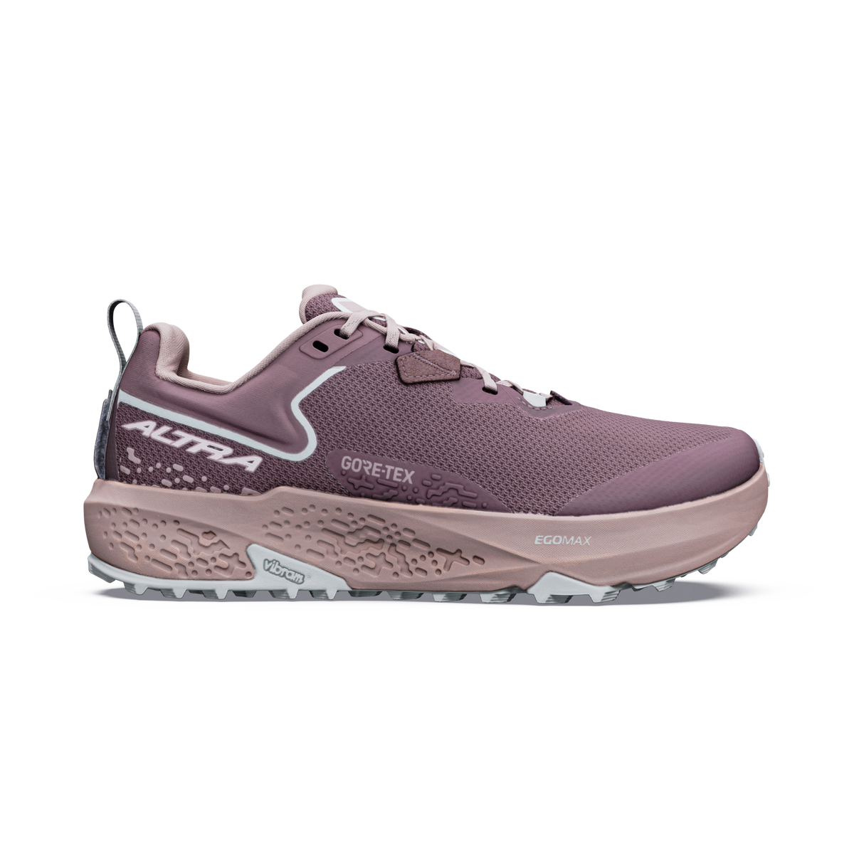 Side view on white background of Womens Altra Timp 6 GTX running shoe in Sparrow/Pearlized/Whisper Pink, Medium (Regular) width