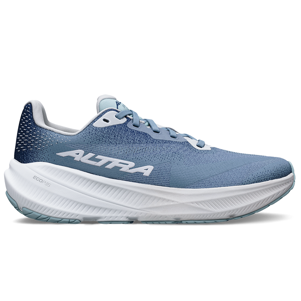 Side view on white background of Womens Altra Experience running shoe in Light Blue, Medium (Regular) width