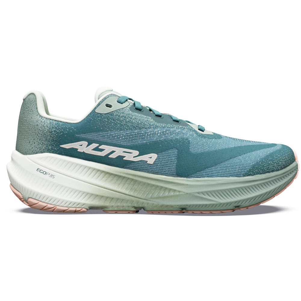 Side view on white background of Womens Altra Experience running shoe in Sea Pine/Ice/Grn Milieu, Medium (Regular) width