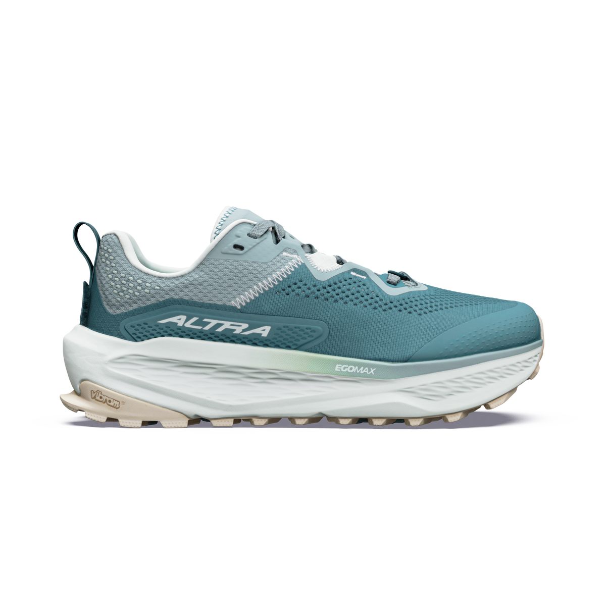 Side view on white background of Womens Altra Olympus 7 running shoe in Sea Pine/Ice/Green Milieu, Medium (Regular) width