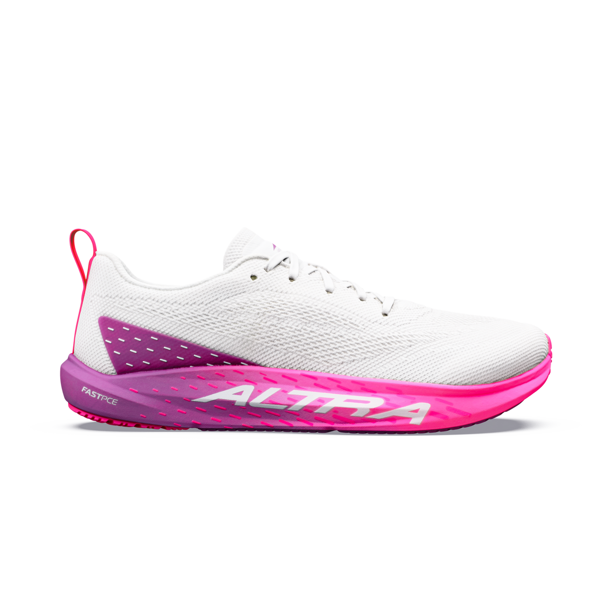 Side view on white background of Womens Altra Vanish Pulse running shoe in White/Purple/Cactus Purple, Medium (Regular) width