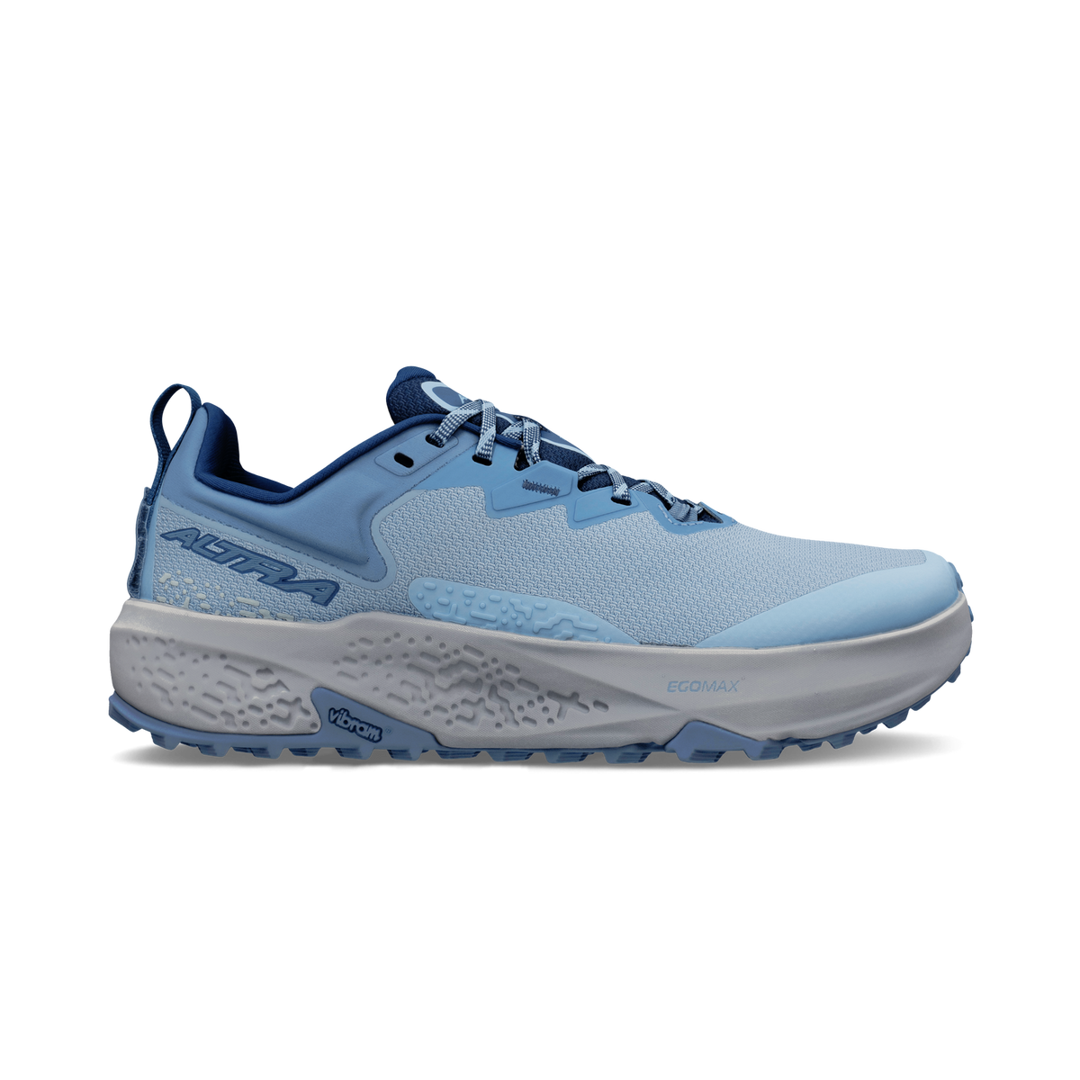 Side view on white background of Womens Altra Timp 6 running shoe in Dark Blue, Medium (Regular) width