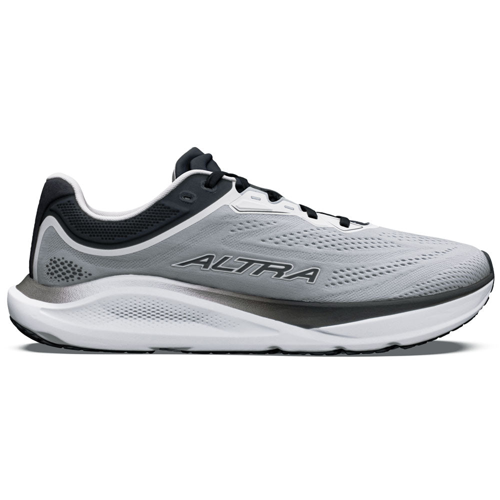 Side view on white background of Mens Altra Torin running shoe in Ultimate Grey/Jet Black, Medium (Regular) width