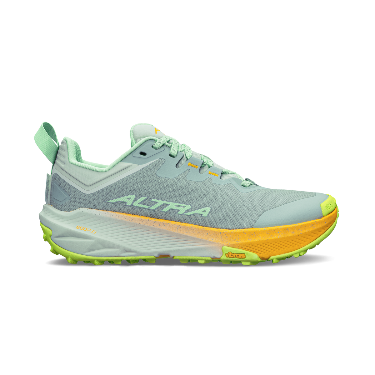 Side view on white background of Womens Altra Experience Wild 3+ running shoe in Gray, Medium (Regular) width