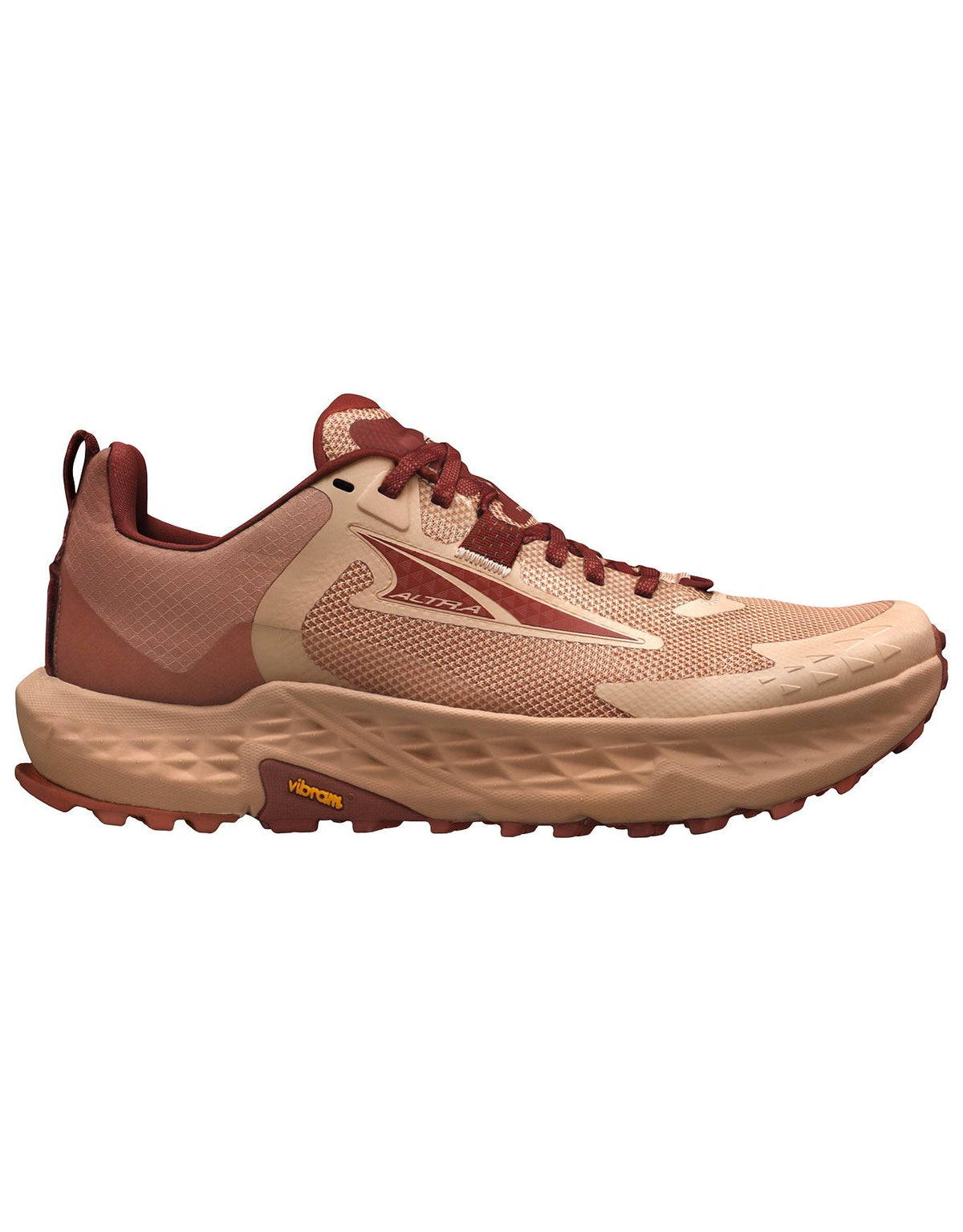 Side view on white background of Womens Altra Timp 5 running shoe in Tan, Medium (Regular) width