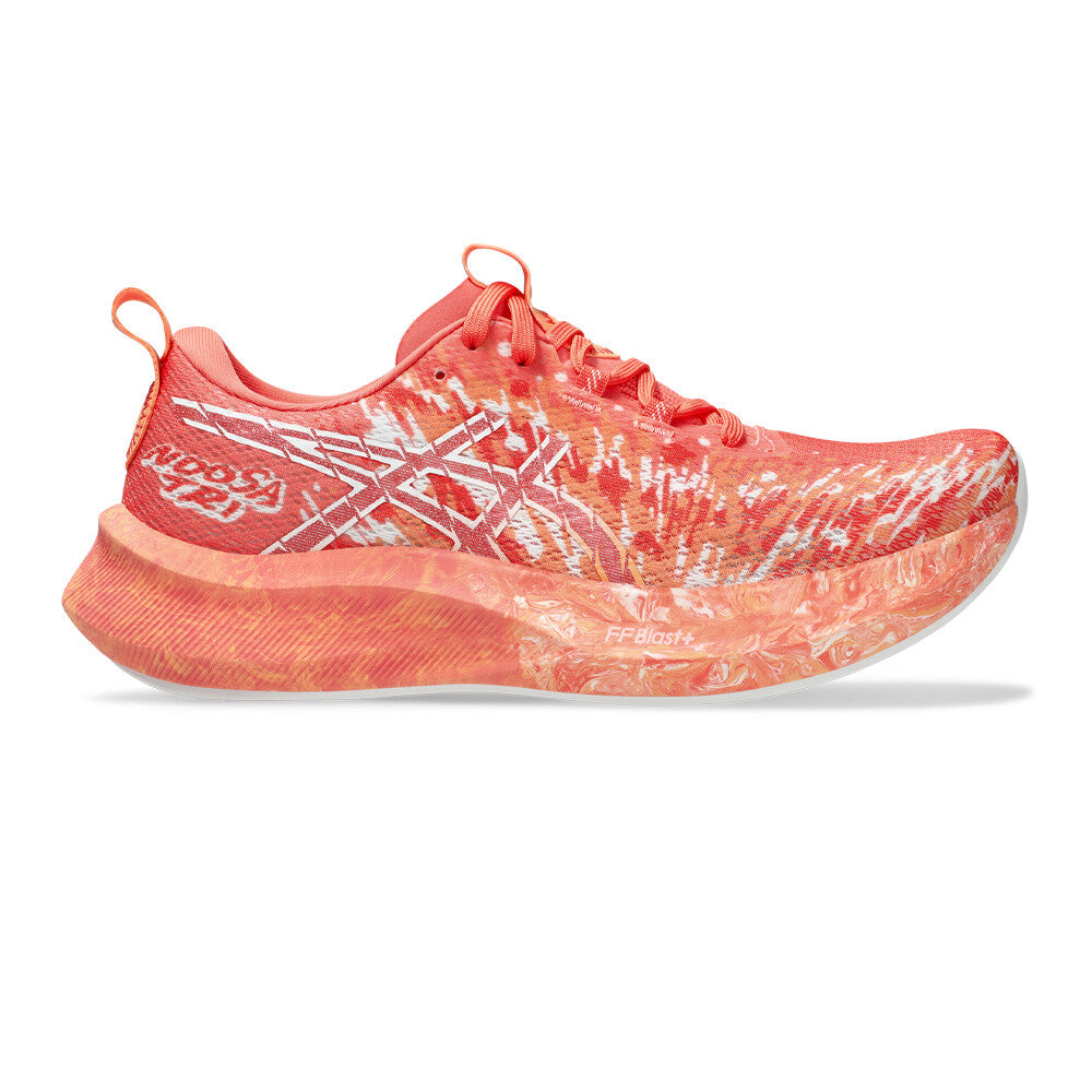 Side view on white background of Womens Asics Noosa Tri 16 running shoe in Samba/White, Medium (Regular) width