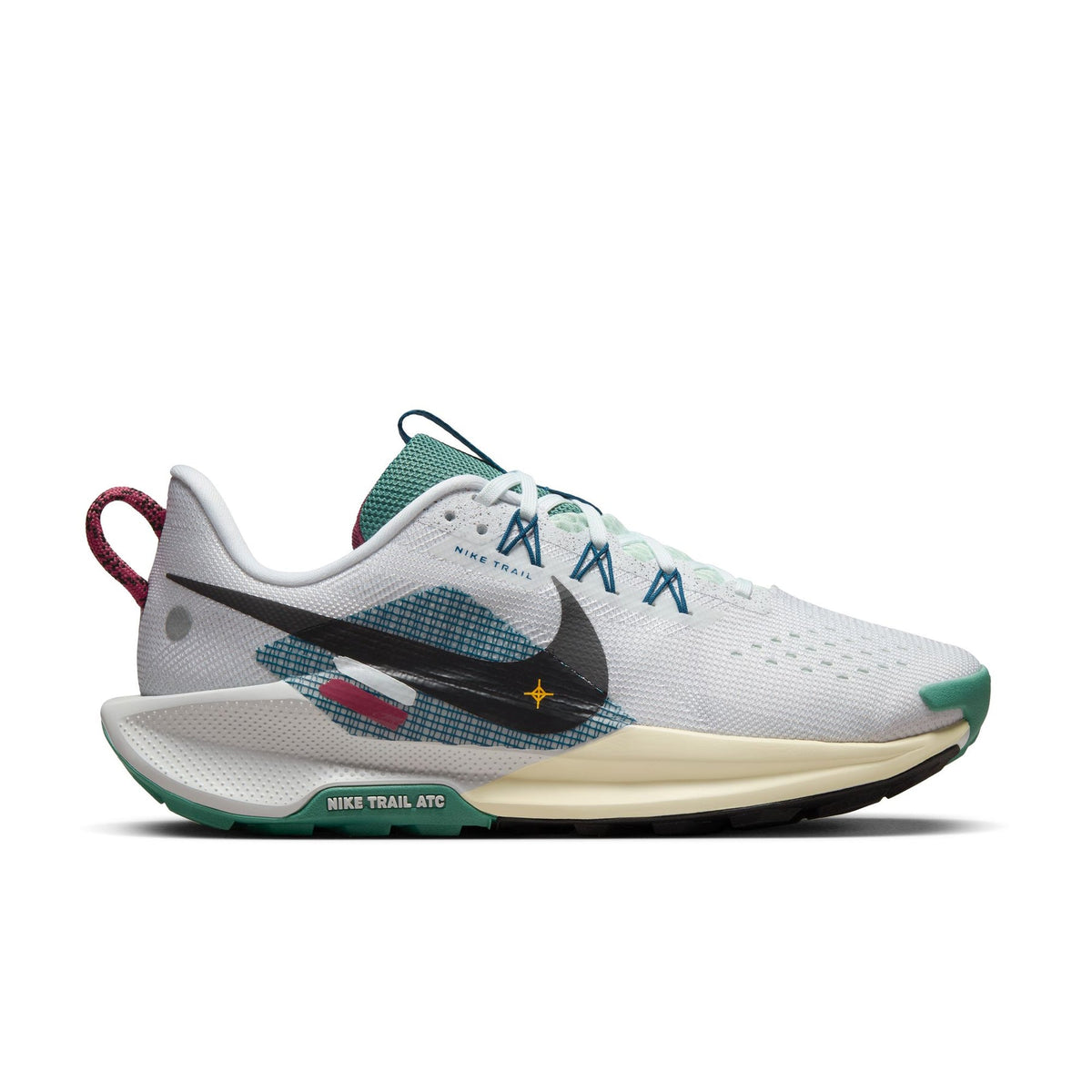 Side view on white background of Womens Nike Pegasus Trail 5 running shoe in White/Black/Court Blue/Cedar, Medium (Regular) width