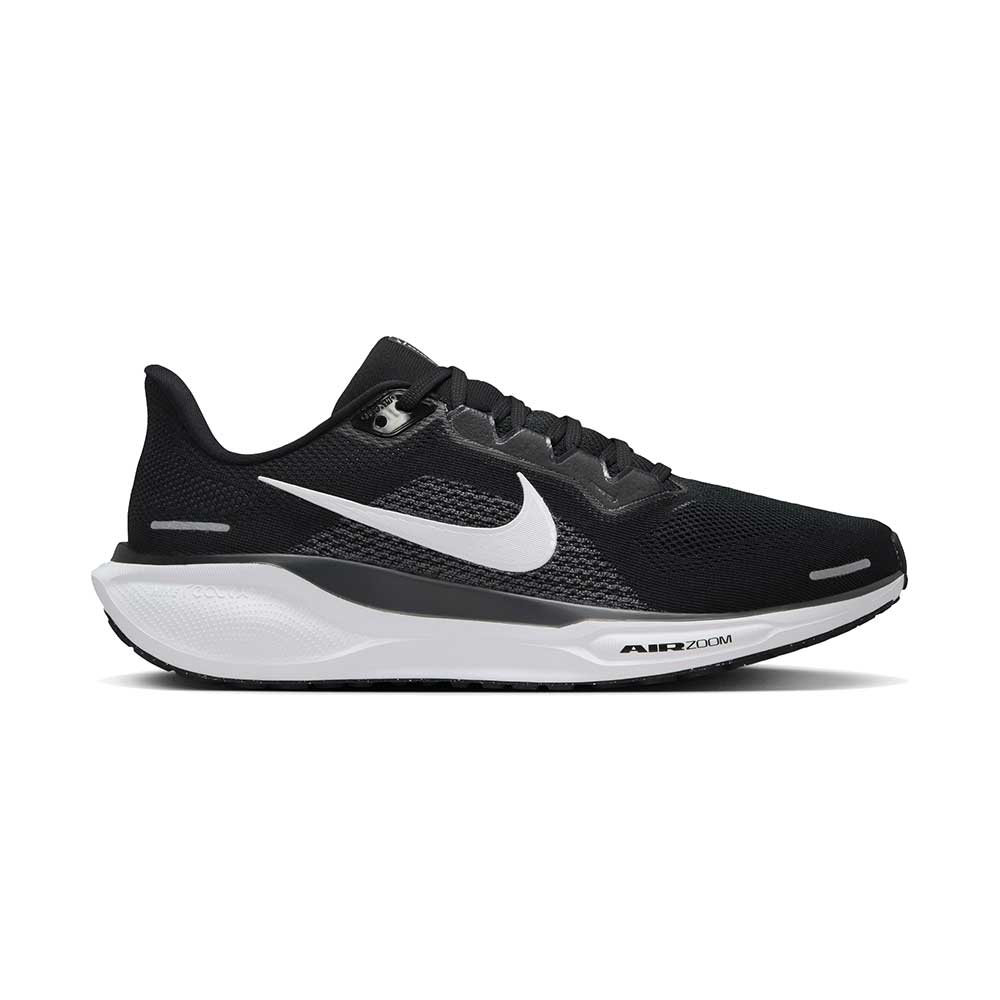 Side view on white background of Mens Nike Pegasus 41 running shoe in Black/White-Anthracite, Medium (Regular) width