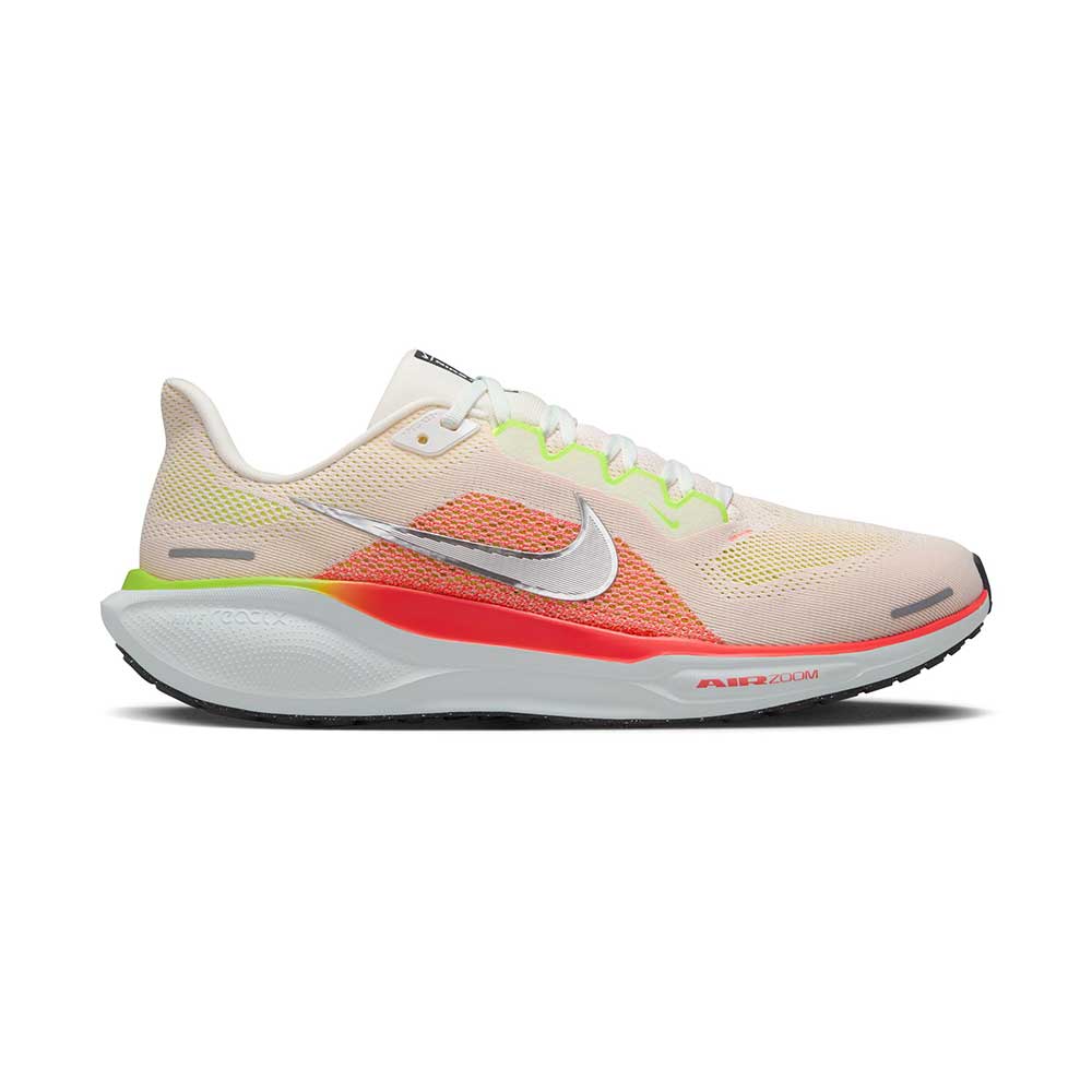 Side view of Nike Pegasus 41 running shoes in Summit White/Chrome