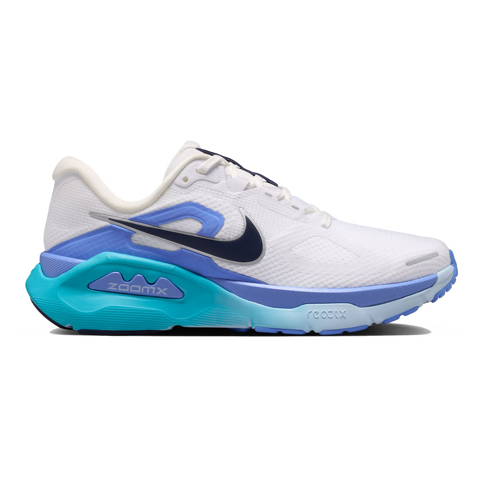 Side view on white background of Womens Nike Structure Plus running shoe in White/Midnight Navy/Royal Pulse, Medium (Regular) width