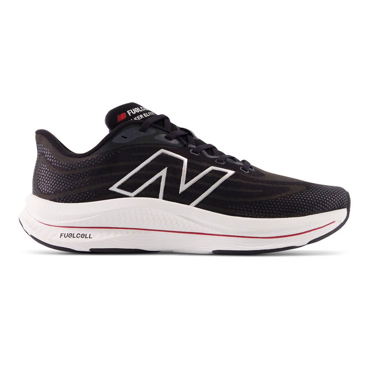 Side view on white background of Mens New Balance FuelCell Walker Elite running shoe in Black/Team Red/Silver, Wide width