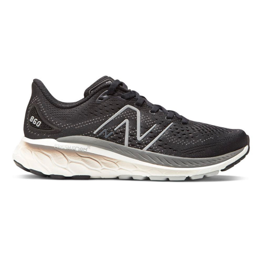 Side view on white background of Womens New Balance Fresh Foam X 860v13 running shoe in Black/White/Castlerock, Extra Wide width