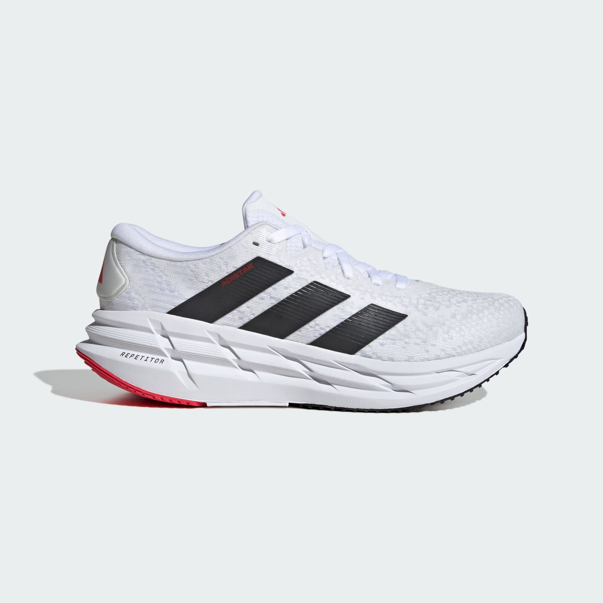 Side view on white background of Mens Adidas Adistar 4 running shoe in Cloud White/Carbon/Pure Ruby, Medium (Regular) width