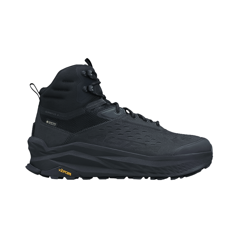 Side view on white background of Mens Altra Olympus 6 Hike Mid GTX running shoe in Black, Medium (Regular) width