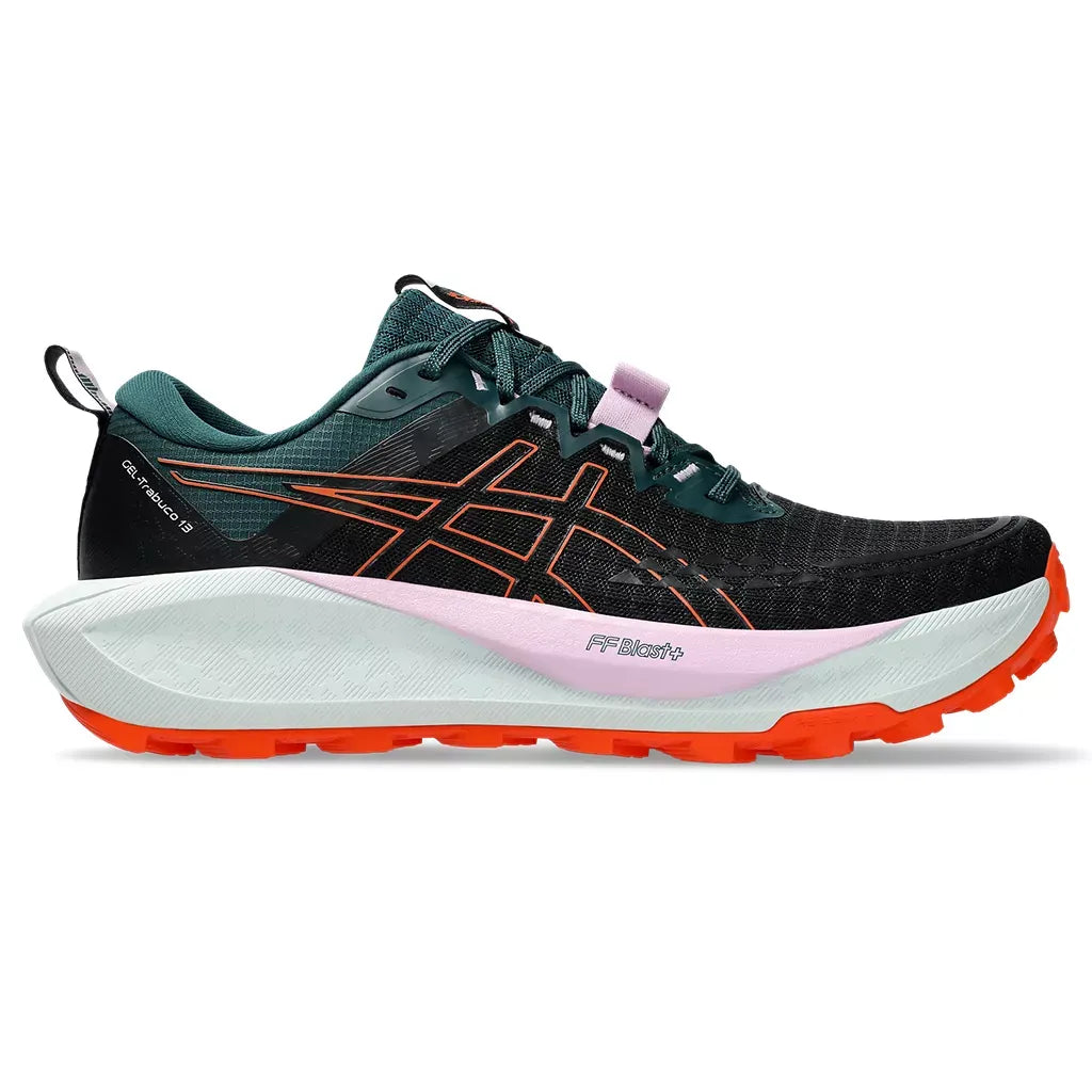 Side view on white background of Womens Asics Gel-Trabuco 13 running shoe in Black/Nova Orange, Medium (Regular) width