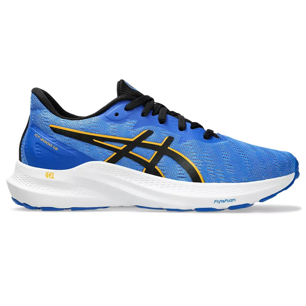 Side view on white background of Kids Asics GT-2000 12 GS running shoe in Illusion Blue/Black, Medium (Regular) width