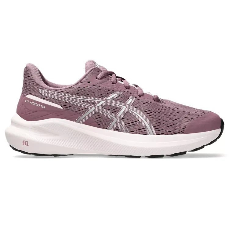 Side view on white background of Kids Asics GT-1000 13 GS running shoe in Dusty Mauve/White, Medium (Regular) width