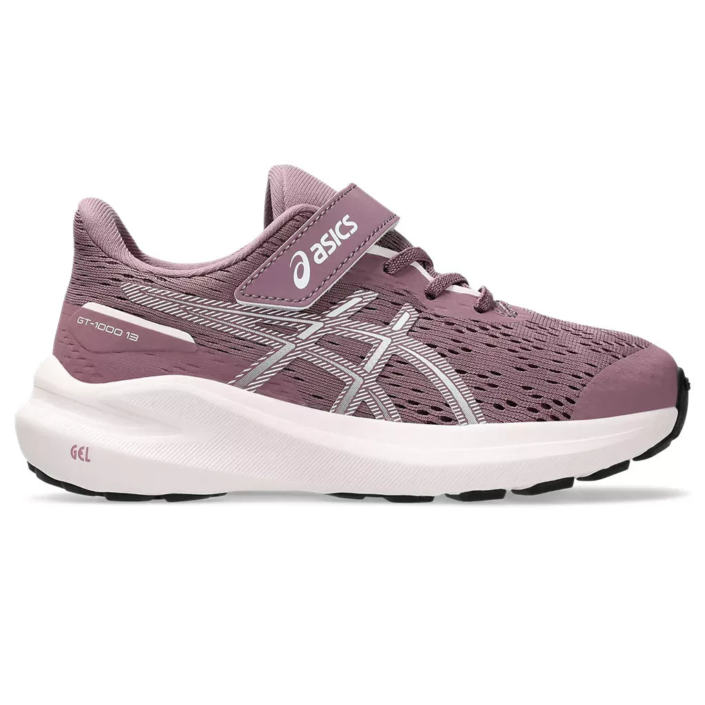 Side view on white background of Kids Asics GT-1000 13 PS running shoe in Dusty Mauve/White, Medium (Regular) width