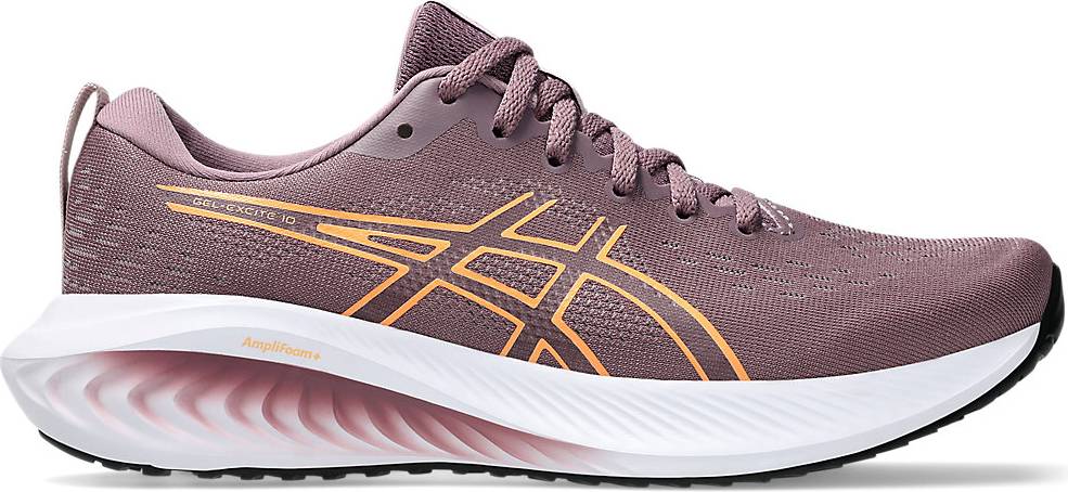 Side view on white background of Womens Asics Gel-Excite 10 running shoe in Dusty Mauve/Faded Orange, Medium (Regular) width