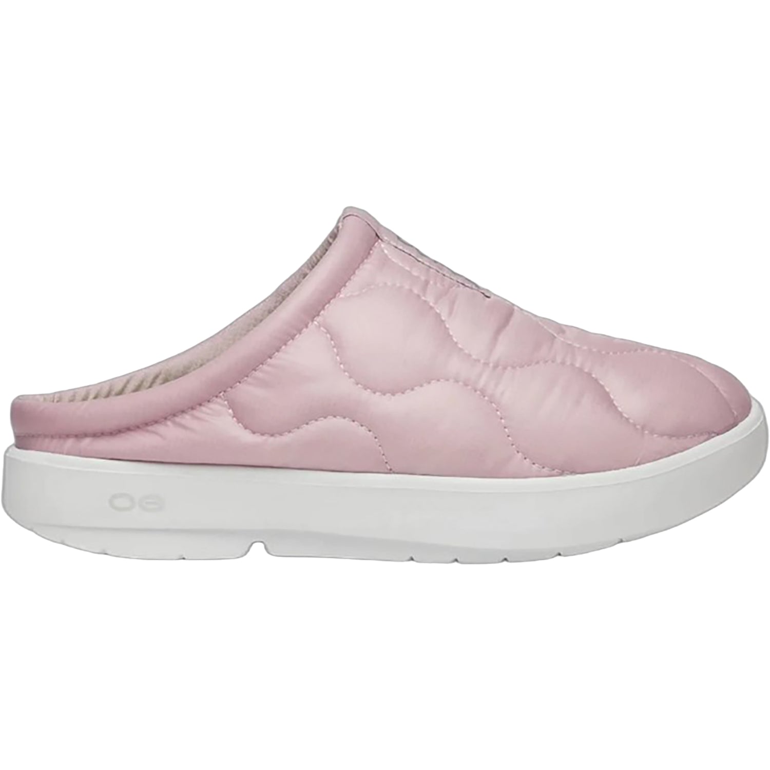 Side view on white background of Womens OOFOS OOcoozie Thermo Mule running shoe in White/Rose, Medium (Regular) width