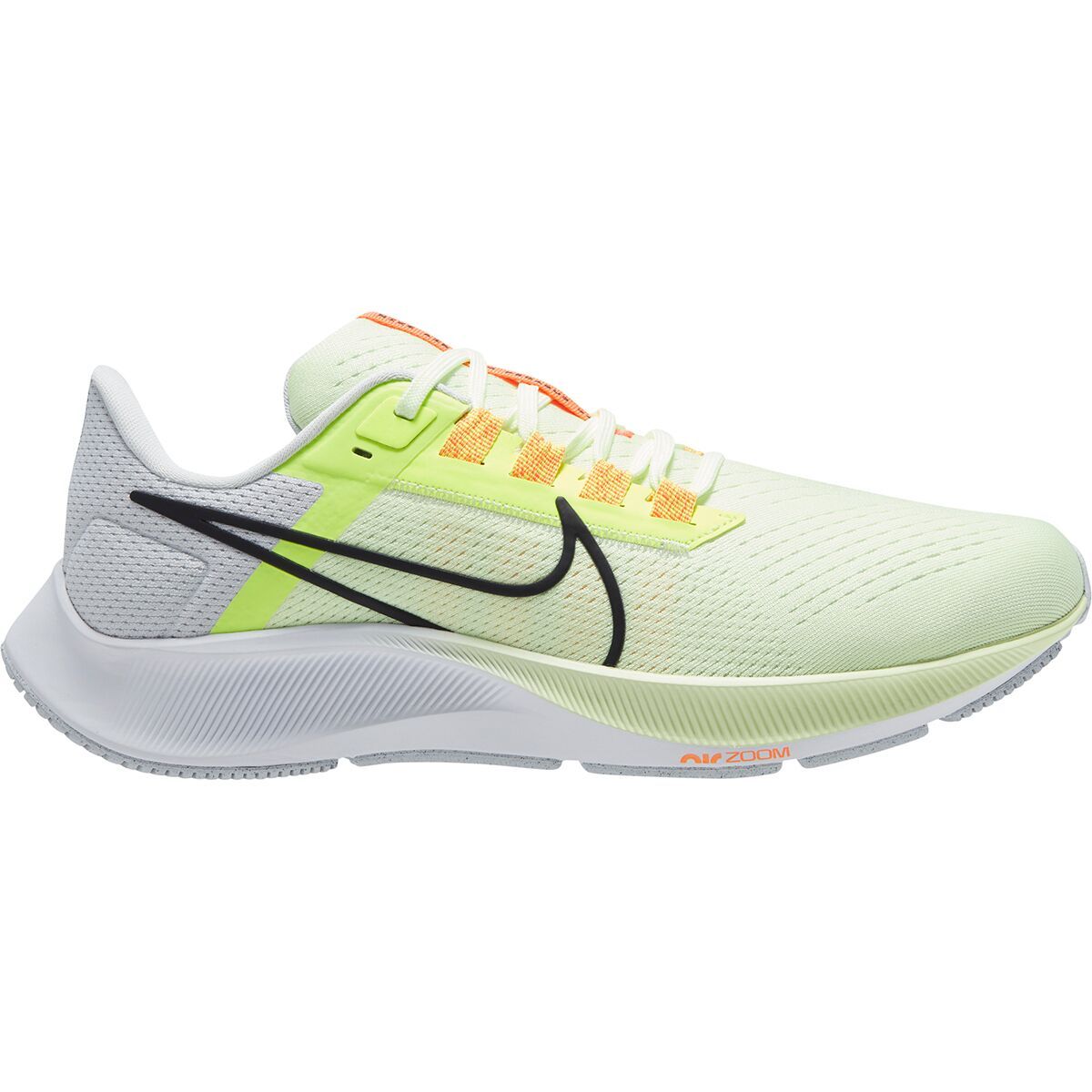 Side view on white background of Mens Nike Pegasus 38 running shoe in Barely Volt/Black-Volt, Medium (Regular) width