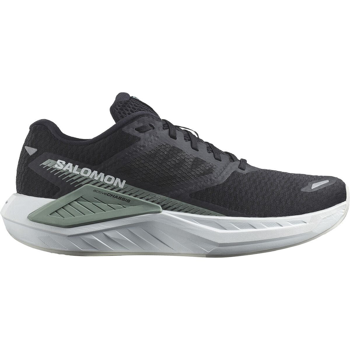 Side view on white background of Mens Salomon DRX Defy running shoe in Black/Green Milieu/White, Medium (Regular) width