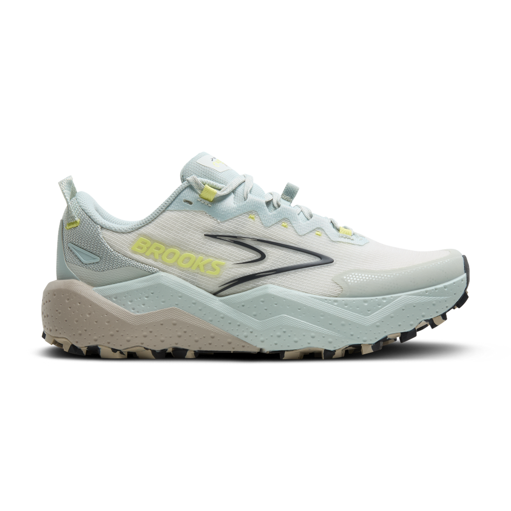 Side view on white background of Womens Brooks Caldera 8 running shoe in Misty Blue/Coconut/Chateau, Medium (Regular) width