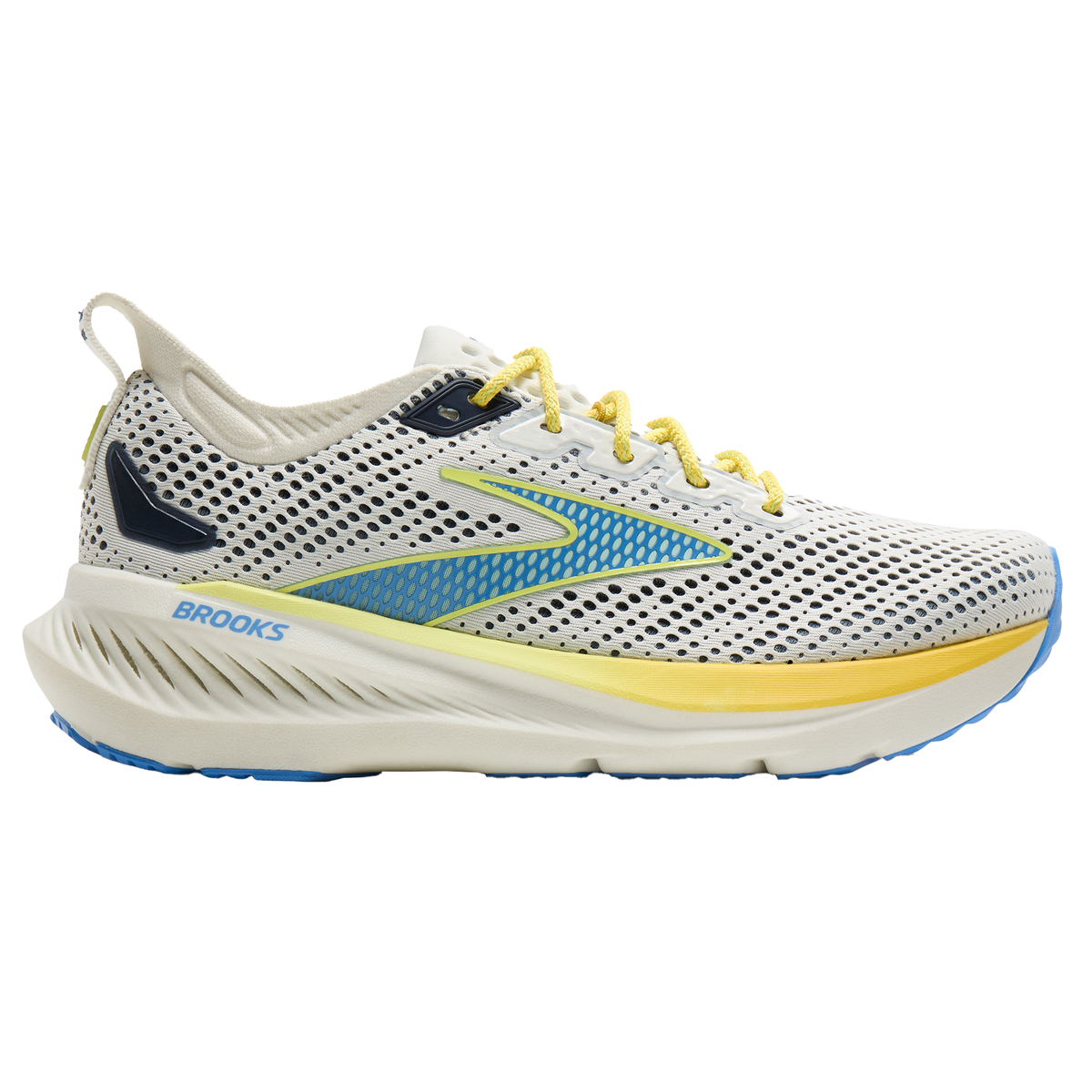 Side view on white background of Mens Brooks Glycerin 23 running shoe in Bluewash/Lemon/Marina, Medium (Regular) width