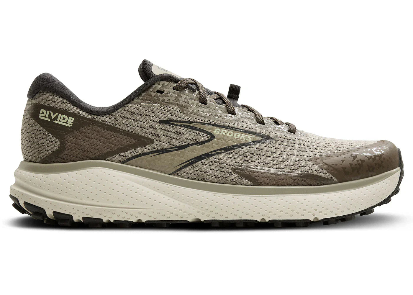 Side view on white background of Mens Brooks Divide 5 running shoe in London Fog/Falcon/Ebony, Medium (Regular) width